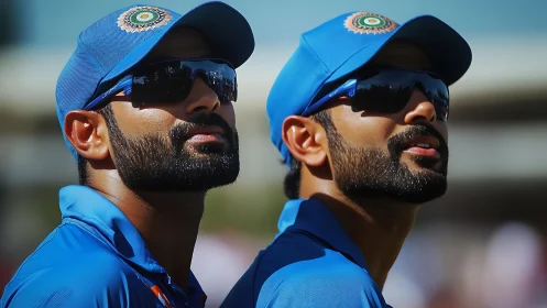 Cricket teammates gaze skyward in focused match moment