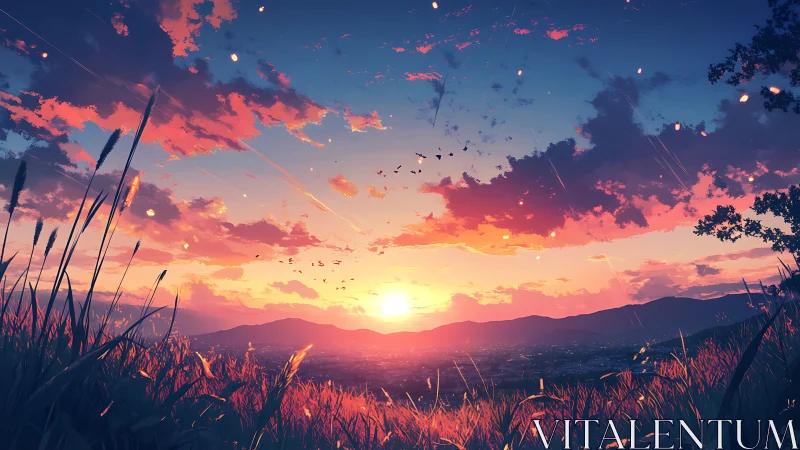 Sunset over hills and city from glowing grass field.