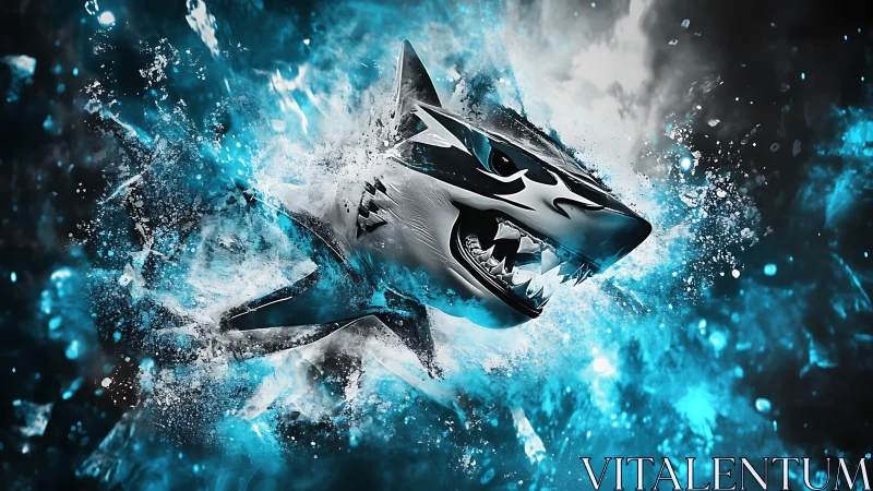 Aggressive stylized shark bursts through glowing blue water.
