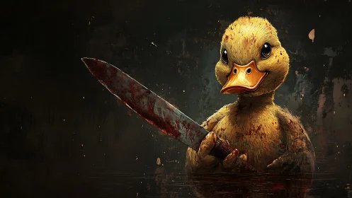 Sinister duckling with bloody knife in dark painterly scene.