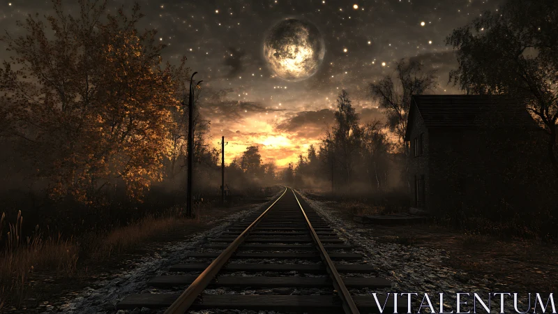 Railroad tracks lead into fog under oversized moonlit sky