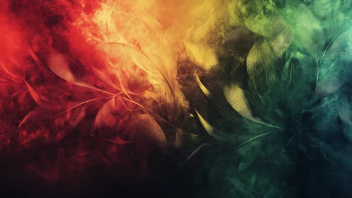 Luminous gradient leaves in swirling abstract smoke field.