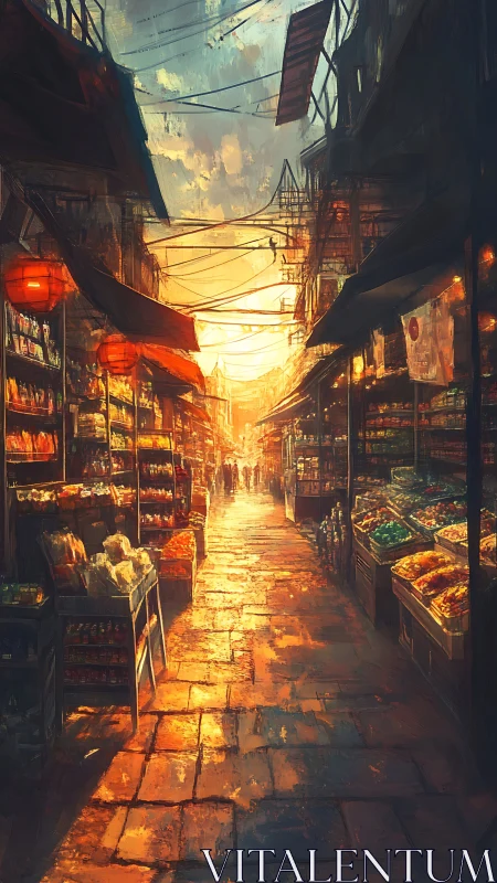 Sunlit market alley glows with lanterns, shadows, and color.