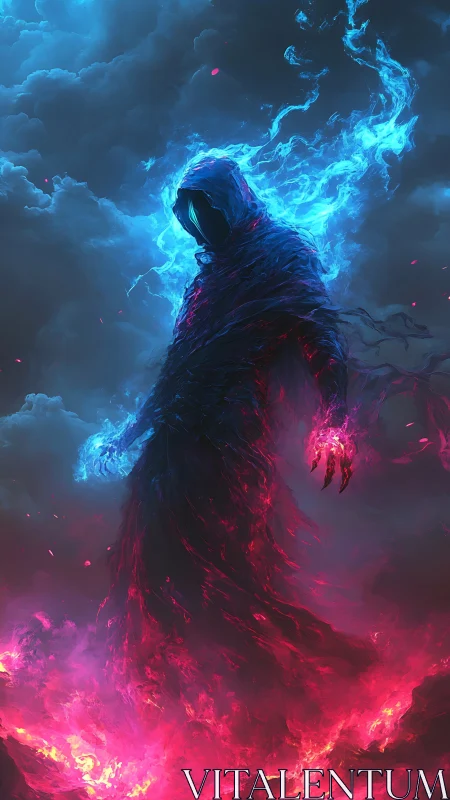 Hooded spectral figure in blue and red elemental flames.