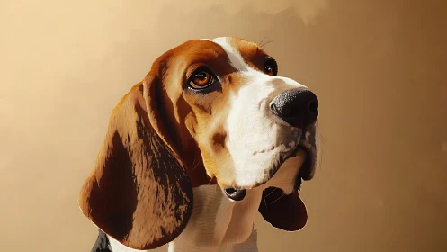 Gentle basset hound gazes upward in warm studio light.