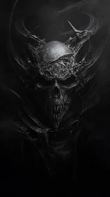Armored demonic skull emerges from void in high-contrast chiaroscuro