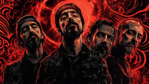 Brooding rock band portrait in intense red swirls.