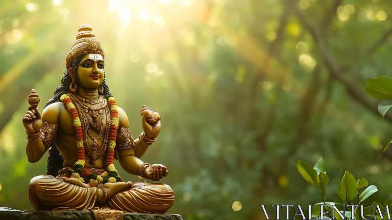 Sunlit forest deity in calm, golden morning meditation.
