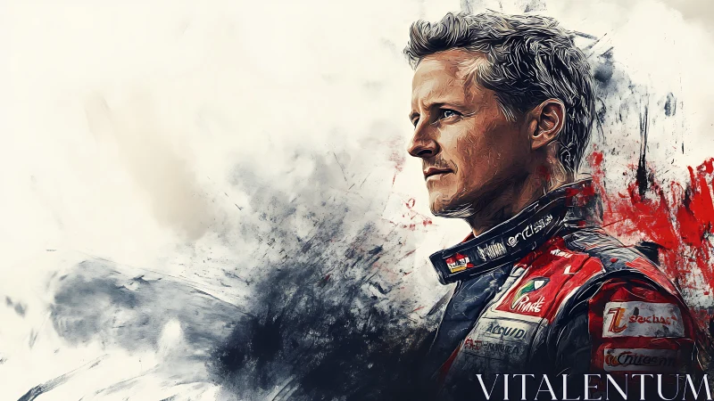 Portrait of determined race driver in dynamic paint strokes.