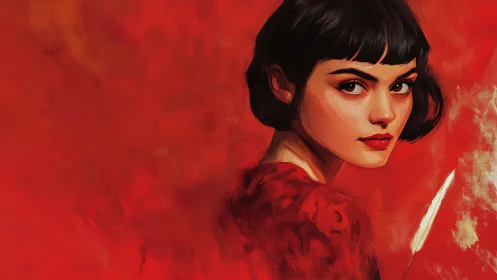 Portrait of a dark haired woman set against red background