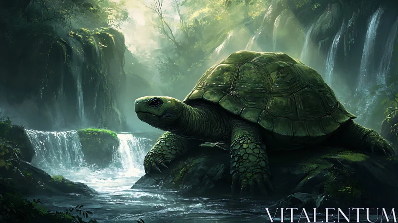 Large turtle occupies foreground within misty waterfall gorge