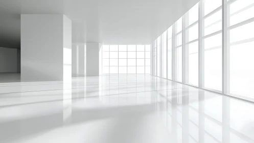 White interior space shows large windows and reflective floor