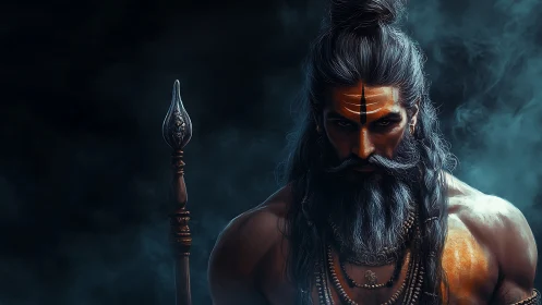 Digital painting of ascetic warrior sage in moody chiaroscuro.