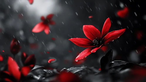 Red Flowers in Rain with Selective Color Effect.