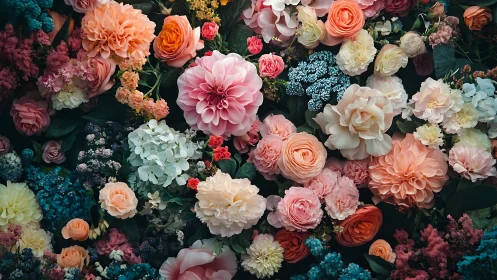 Abundant Floral Arrangement: Layered Blooms with Rich Color Palette