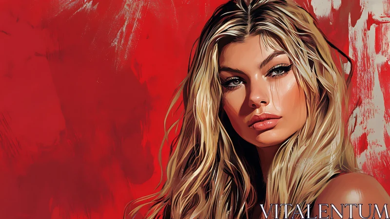 Digital portrait of blonde woman against textured red backdrop