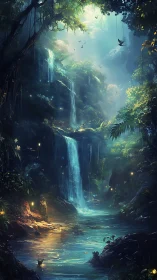Dense forest ravine with multi-tiered waterfalls at dusk.