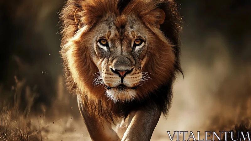 Regal lion strides through dust in golden rim lighting.