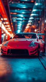 Scarlet street racer under neon tunnel bokeh glow.