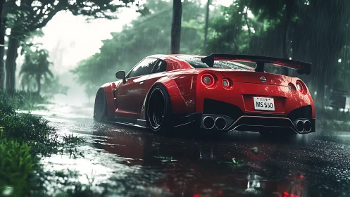 Red sports coupe idling in a rainy, tree-lined street scene.