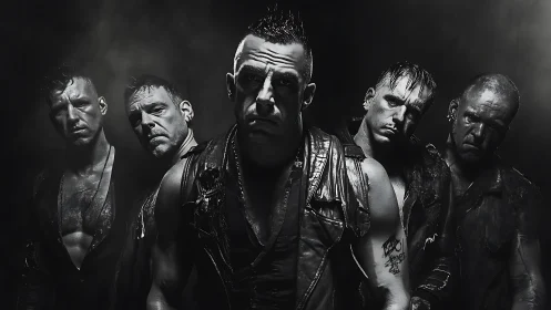 High-contrast monochrome portrait of intense five-man rock group