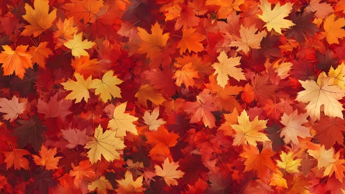 Autumn maple leaf carpet with layered red and gold hues.