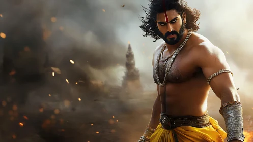 Warrior figure in smoke-filled battlefield environment.