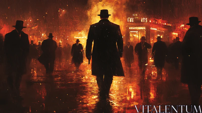 Silhouetted figures cross a rain-soaked neon city street at night