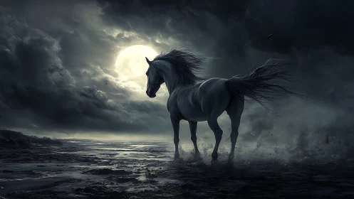 White horse stands under stormy full moonlit sky