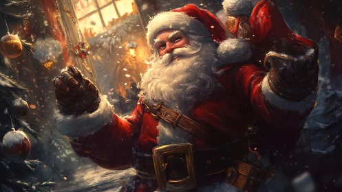 Santa figure in red coat carrying sack in snowy interior scene.