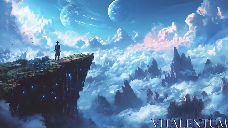 Solitary figure on levitating cliff above cloud ocean and twin moons