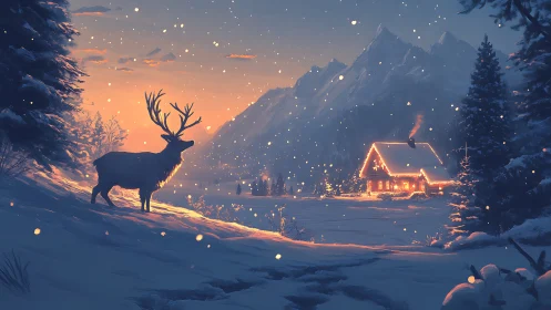 Digital painting of winter stag and alpine cabin at dusk.