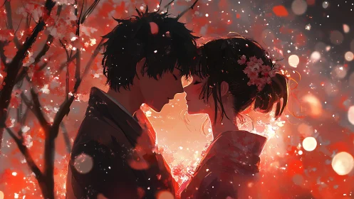 Romantic anime couple in glowing sakura evening tableau.