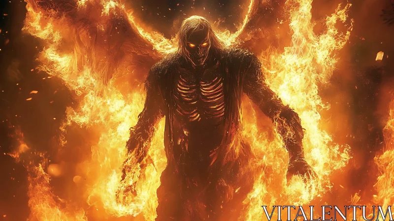 Infernal bone warden strides through wings of raging fire.