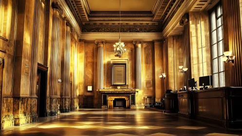Grand neoclassical banking hall with golden interior light.