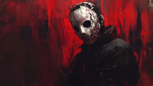 Masked slasher figure in brutal red abstract backdrop.