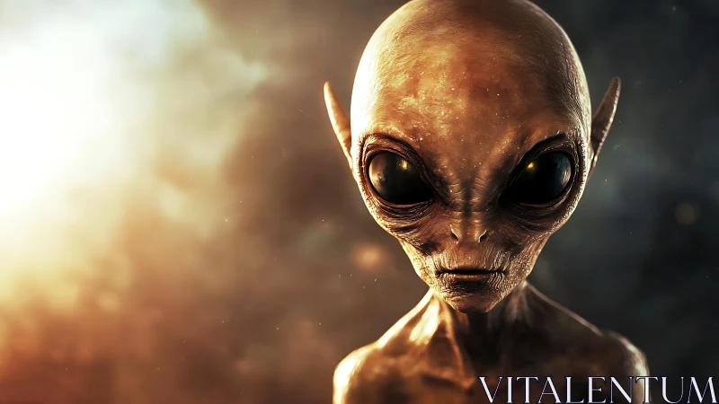 Alien portrait with large eyes in dramatic warm light.