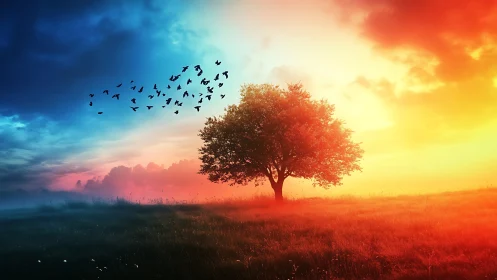 Lone tree welcomes dawn and dusk in glowing shared sky.