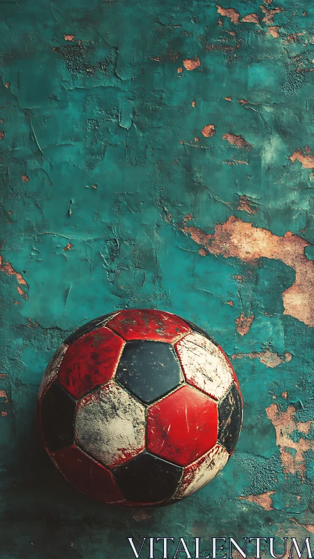 Worn soccer ball against textured teal painted wall.