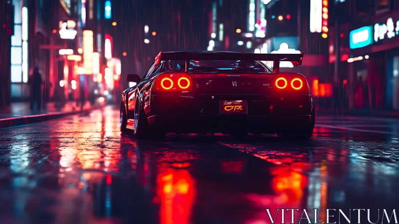 Rear-lit GT sports car in neon-soaked rainy urban street at night