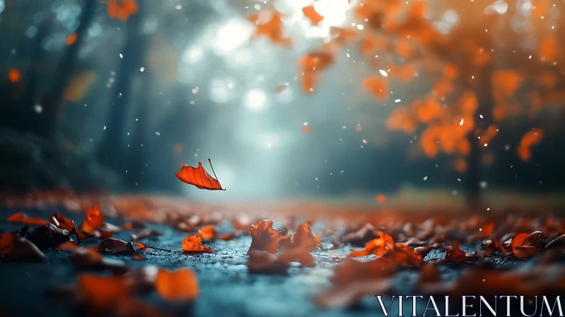 Fallen autumn leaf drifts above wet forest path at dawn