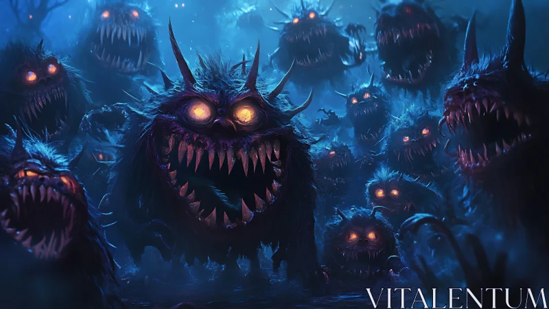 Nightmare horde of glowing eyed monsters in blue mist.