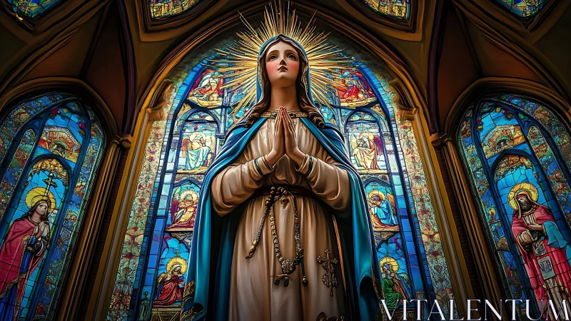 Digital Marian statue framed by radiant stained glass windows