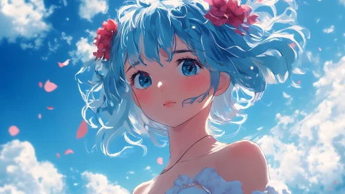 Blue haired anime girl under bright sky with petals.