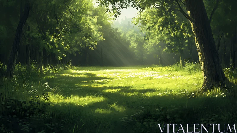 Sunlit forest clearing with towering trees framing golden light.