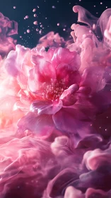 Rendered peony flower with dispersing particles in pink tones.