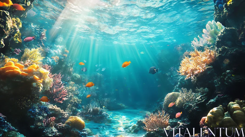 Sunlit coral reef scene with colorful tropical fish.
