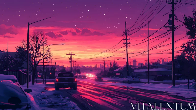 Snowy city street glowing under a dreamy pink sunset sky.