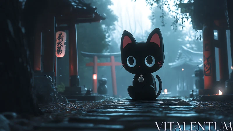 Midnight shrine path with glossy black neko guardian.