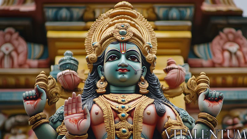 Ornate Hindu deity sculpture in vivid temple reliefs.